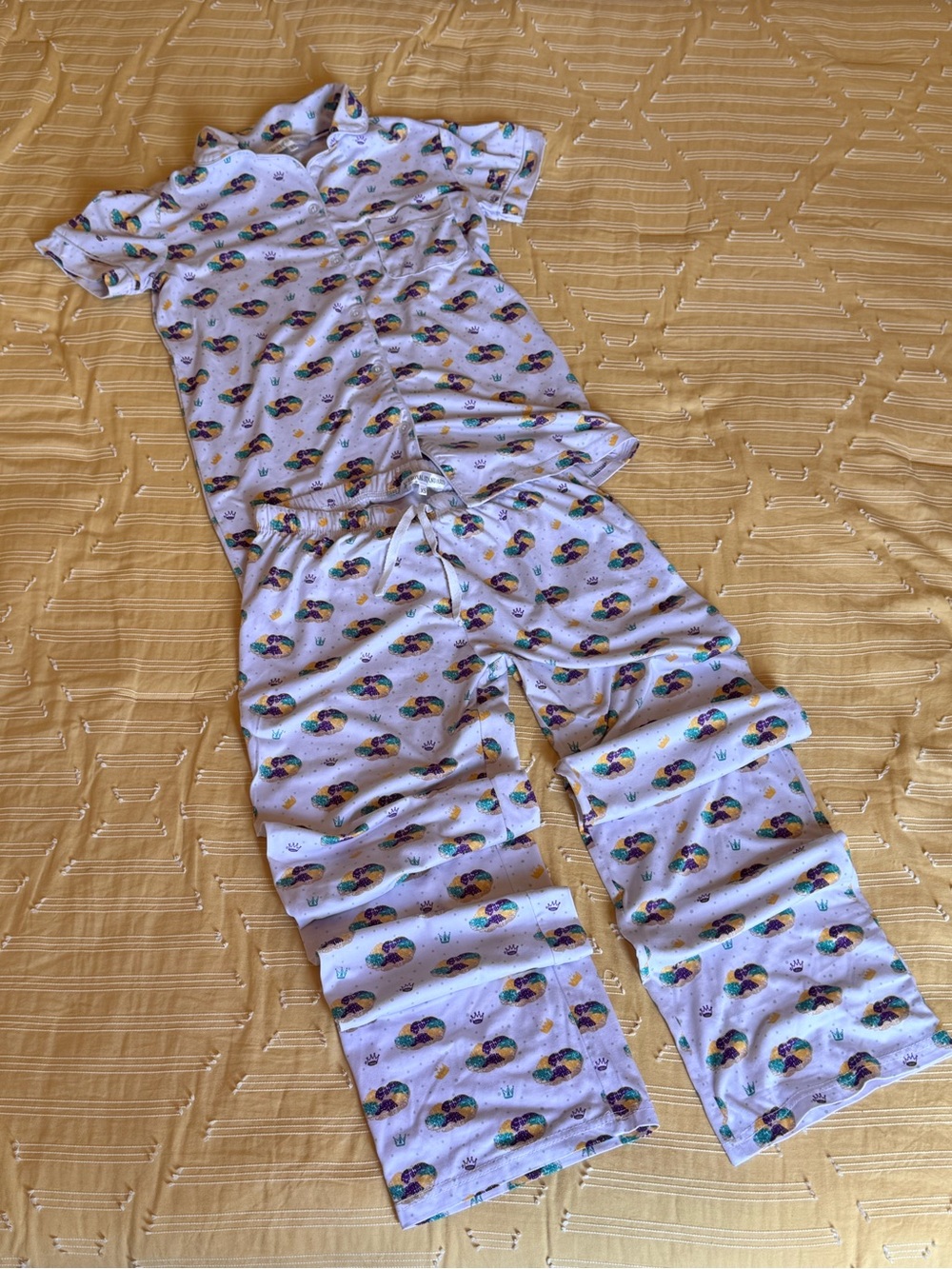 White Short-Sleeve Pajama Set with Mardi Gras King Cake Print